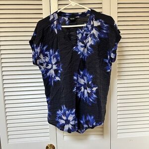 Simply Vera Scoop Neck Cap Sleeve Blouse Blue Floral Rayon Blend Large